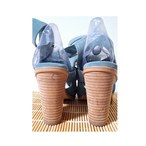 Marc Fisher Sandals 8.5M Leather Suede Ankle Strap Peep Toe Stacked Heel - Picture 6 of 11